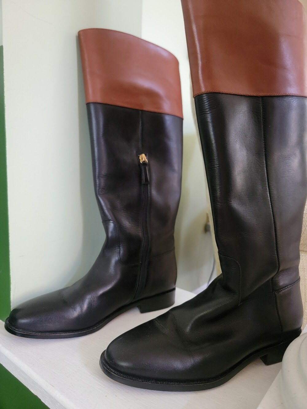 Women's Two-Tone Black and Brown Leather Riding Boots
